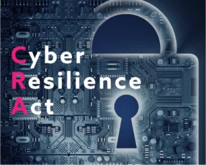 Illustration eines digitalen Vorhängeschlosses mit Leiterplatten-Design und Schriftzug ‚Cyber Resilience Act‘ – betont Cybersicherheit und digitale Resilienz.
