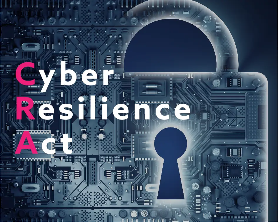Illustration eines digitalen Vorhängeschlosses mit Leiterplatten-Design und Schriftzug ‚Cyber Resilience Act‘ – betont Cybersicherheit und digitale Resilienz.