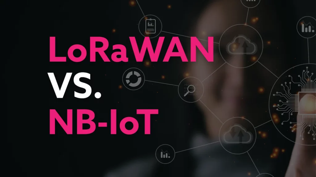 LoRaWAN vs. NB-IoT – Titelbild für IoT-Technologien im Vergleich mit Symbolen für Funkvernetzung, Datenanalyse und Cloud-Integration.
