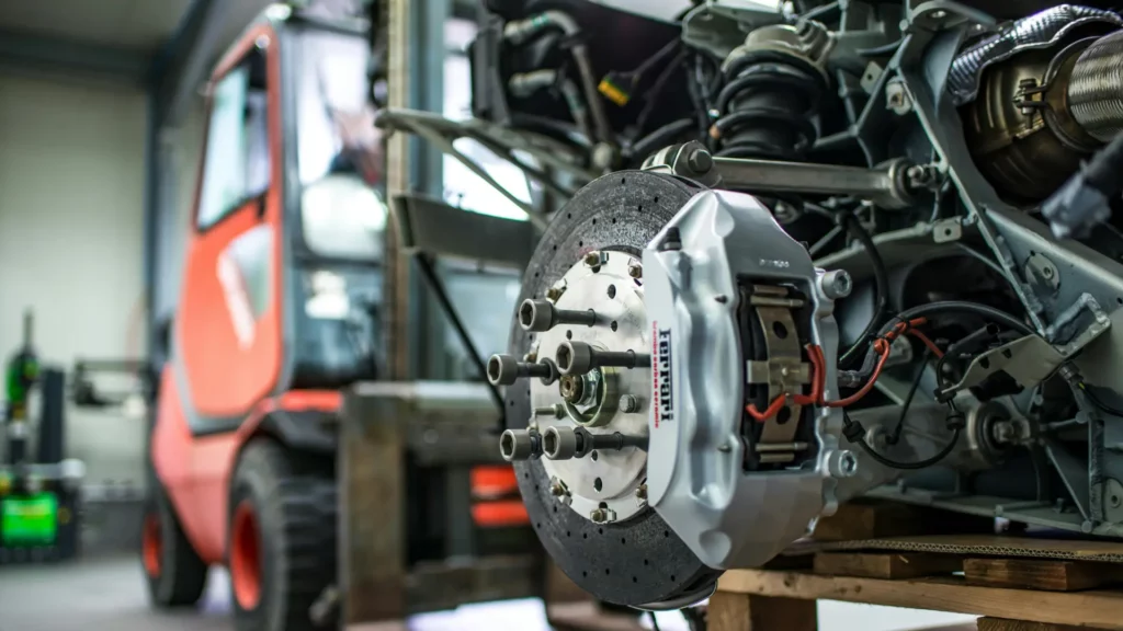 Bremssystem mit freigelegter Mechanik – Beispiel für Echtzeitanwendungen in sicherheitskritischen Systemen.